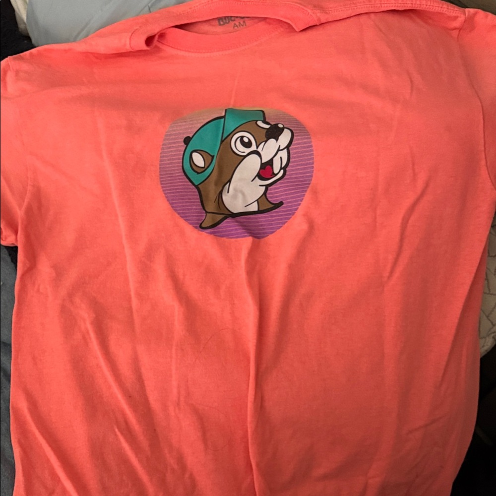 Playful Coral Short Sleeve Tee with Cartoon Graphic